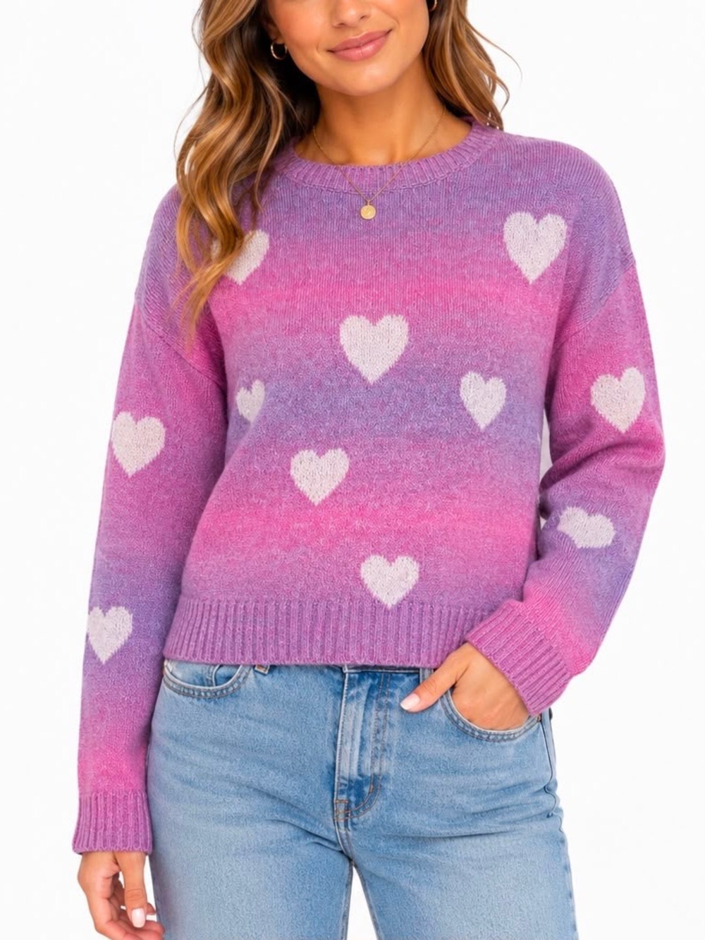 Coquette Sweater Womens L Pink Purple Ombre Heart Crop Boxy Y2K Girly Kawaii Kid